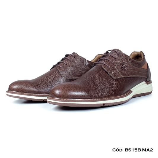 (BS15B-MA2) Derby Casual Cuero Lustrable Marrón Suela Caucho — Horma Exacta