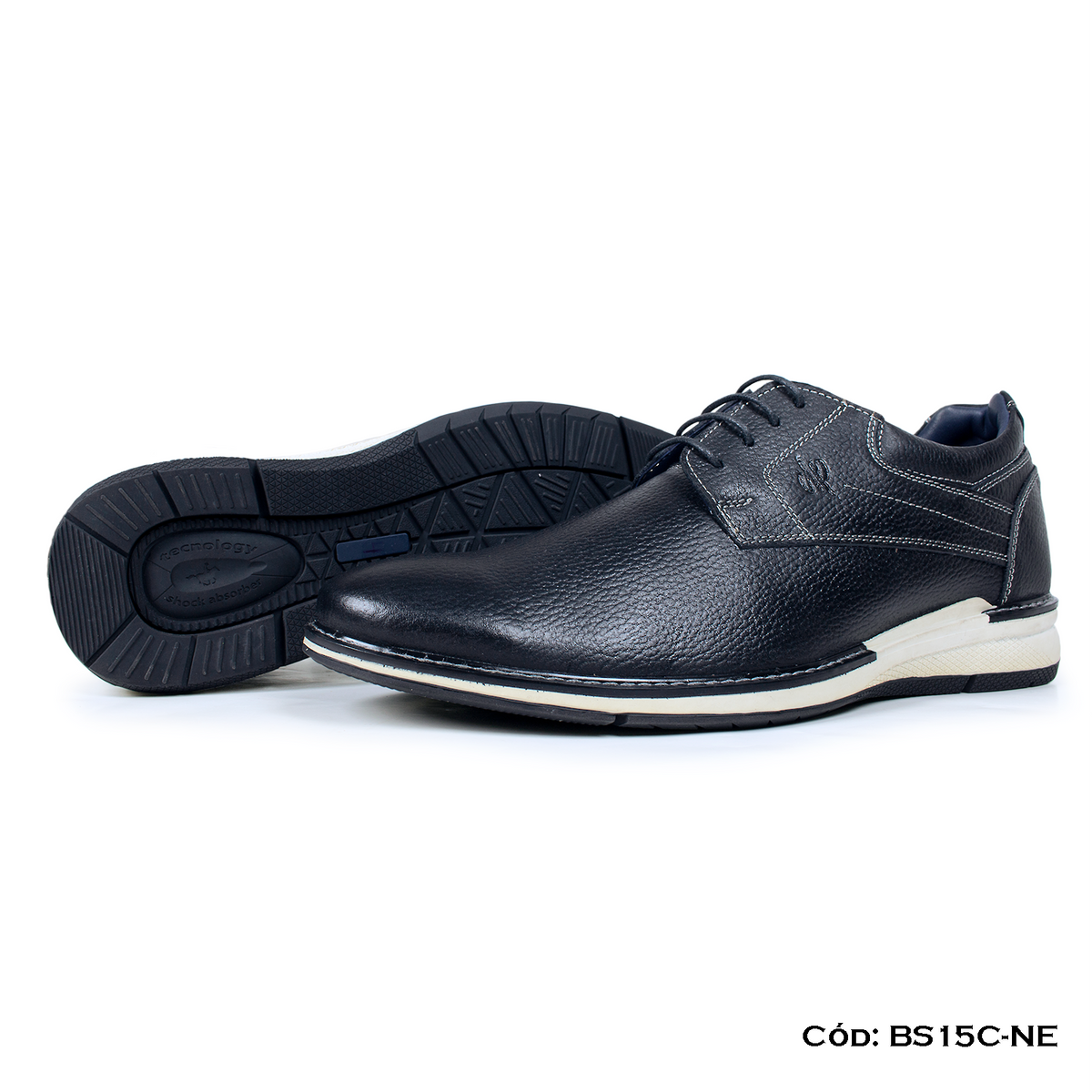 (BS15C-NE) Derby Casual Cuero Lustrable Negro Suela Caucho Horma Exacta | de patas