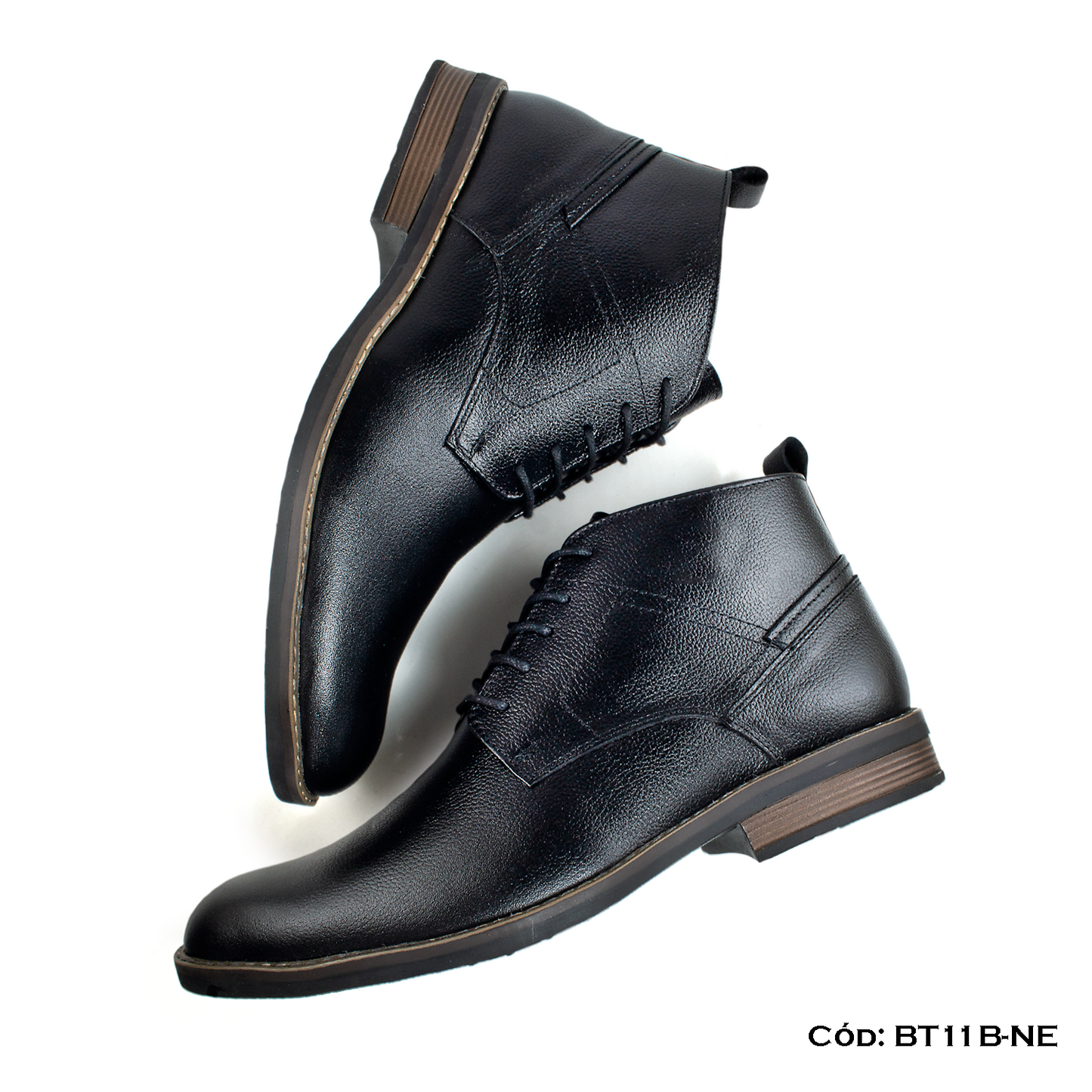 Botín Casual Elegante Cuero Natural Negro Suela Caucho Taco Partido — Horma Grande (BT11B-NE)