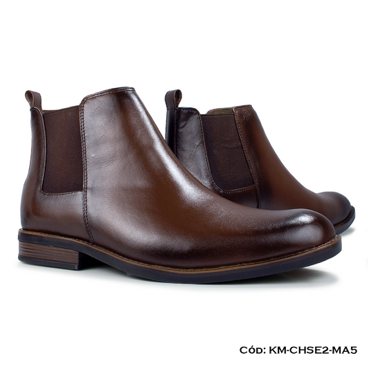 (KM-CHSE2-MA5) Botín Chelsea Cuero Lustrable Marrón para hombre - Suela Caucho Taco Partido — Horma Grande