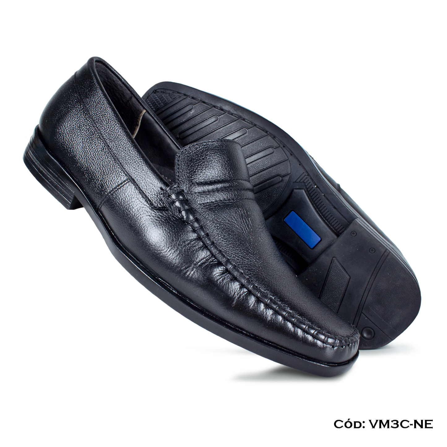 Mocasín Cuero Lustrable Negro Suela Caucho — Horma Exacta (VM3C-NE)