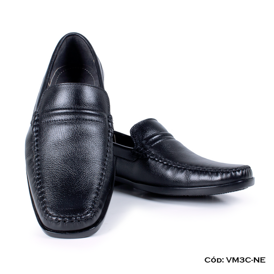 Mocasín Cuero Lustrable Negro Suela Caucho — Horma Exacta (VM3C-NE)