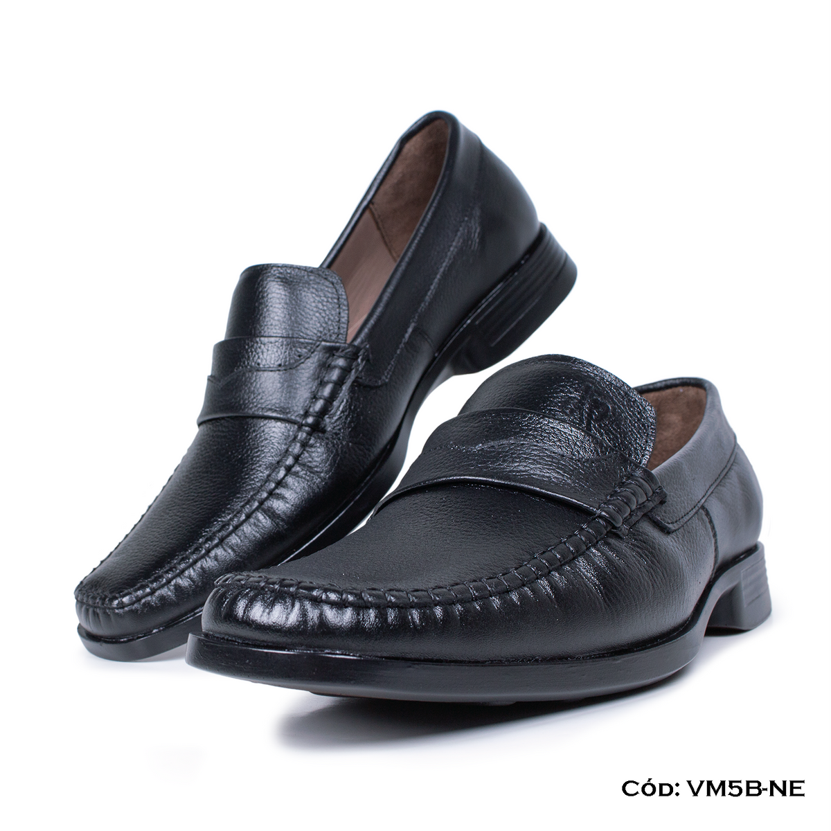 (VM5B-NE) Mocasín Cuero Lustrable Negro Suela PU / Caucho — Horma Exacta | De Patas