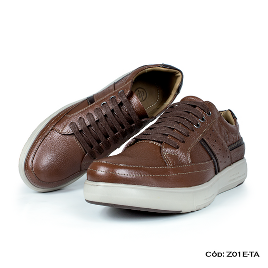 Par de zapatillas urbanas de cuero lustrable tabaco con pasador, forro y plantilla de badana – De Patas