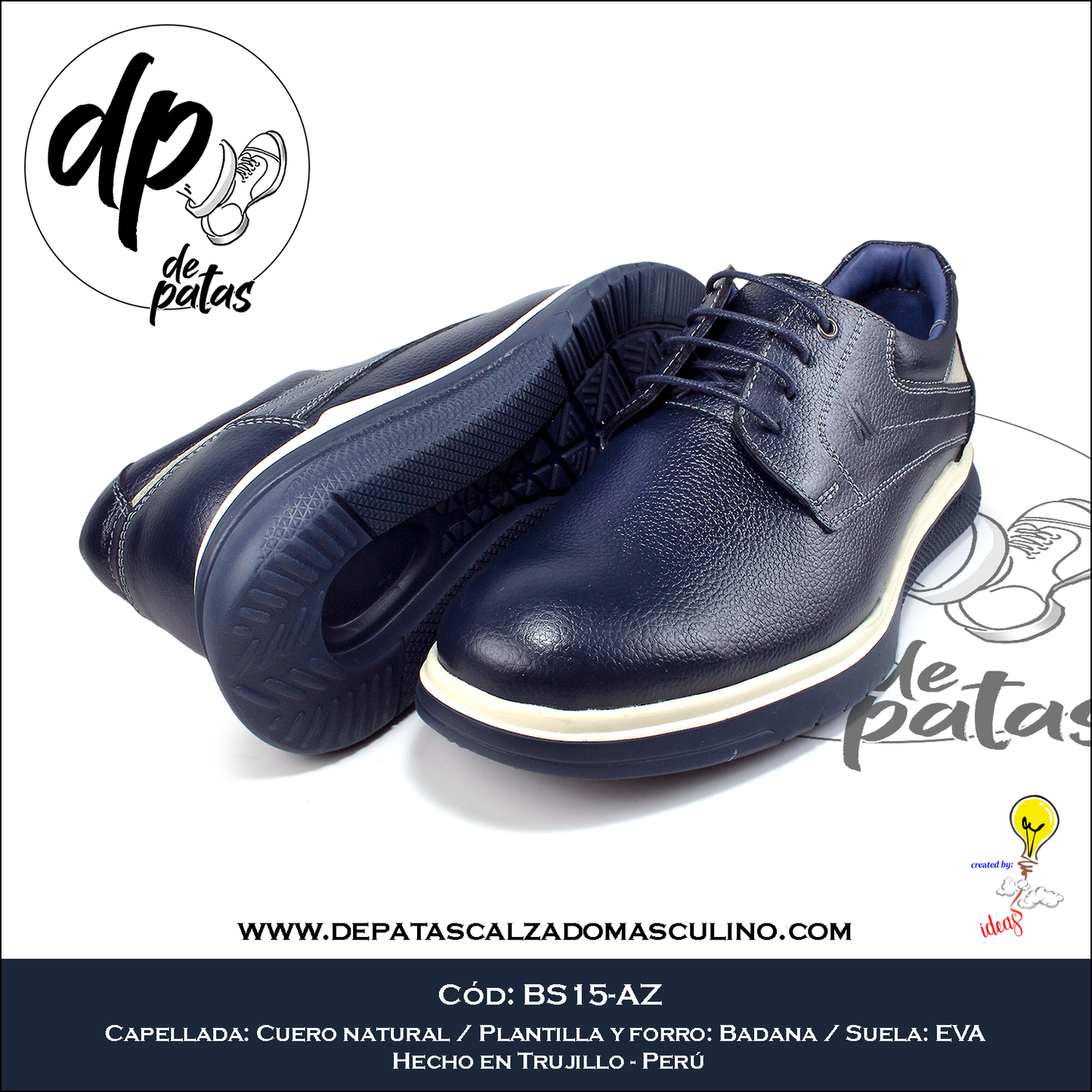 Derby casual, plantilla y forro de badana, suela EVA (BS15-AZ) horma exacta