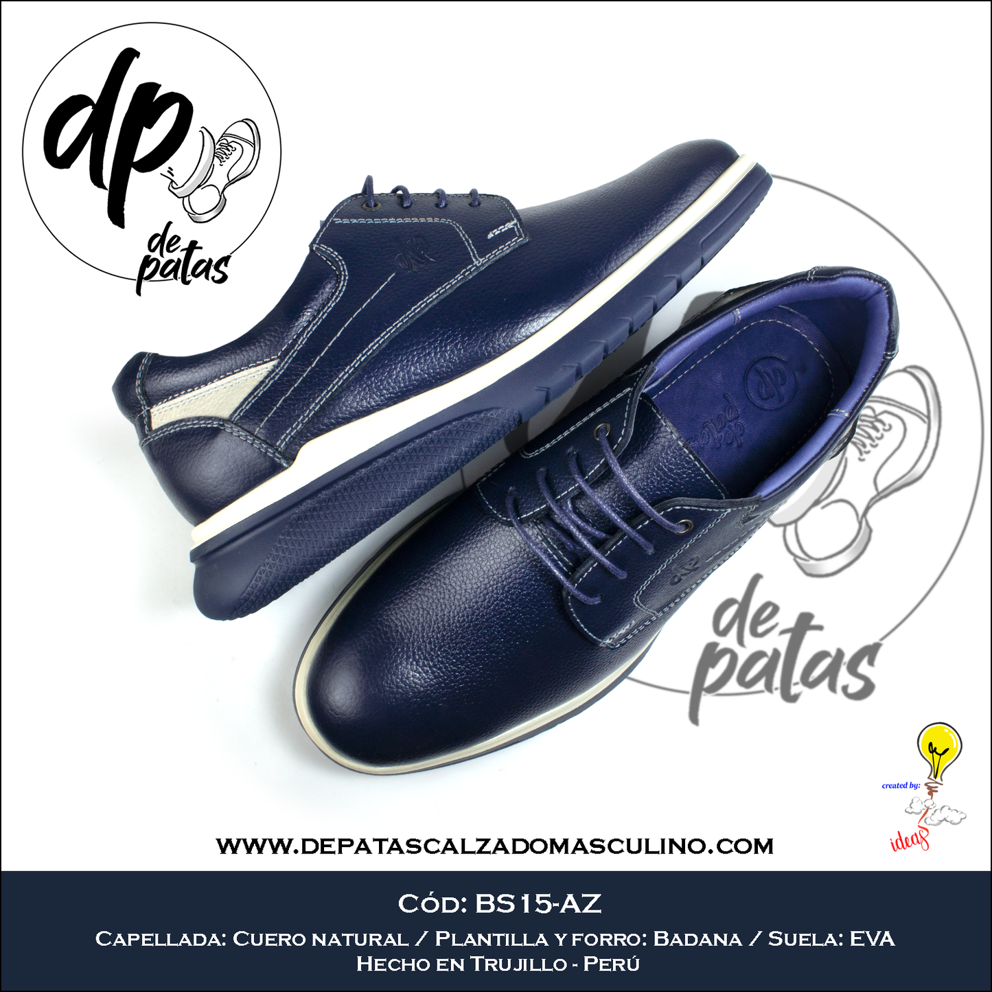 Derby casual, plantilla y forro de badana, suela EVA (BS15-AZ) horma exacta