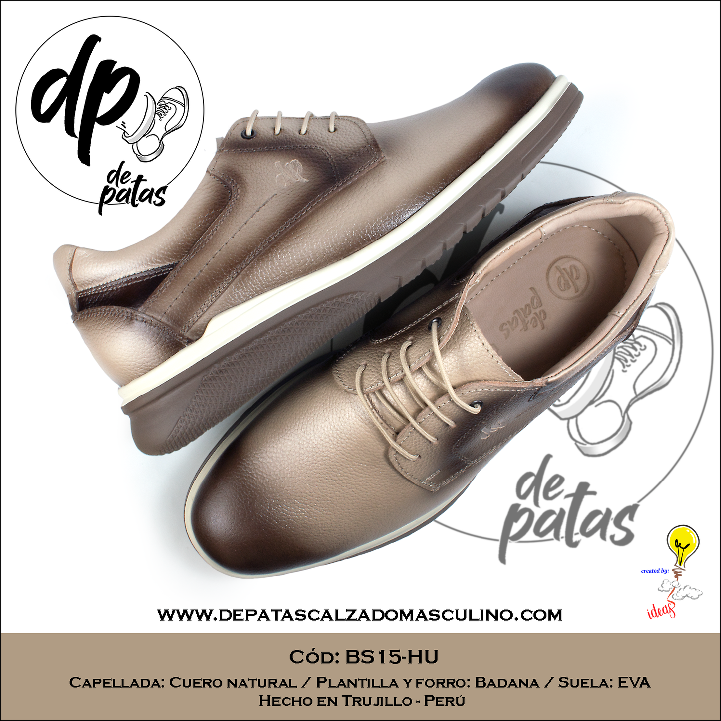 Derby casual, plantilla y forro de badana, suela EVA (BS15-HU) horma exacta