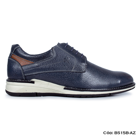 (BS15B-AZ) Derby Casual Cuero Lustrable Azul Suela Caucho — Horma Exacta
