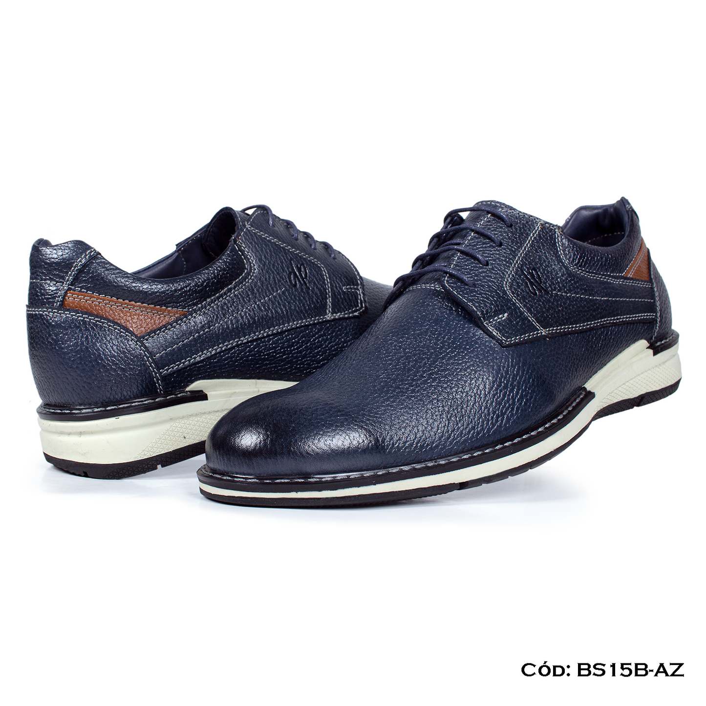 (BS15B-AZ) Derby Casual Cuero Lustrable Azul Suela Caucho — Horma Exacta