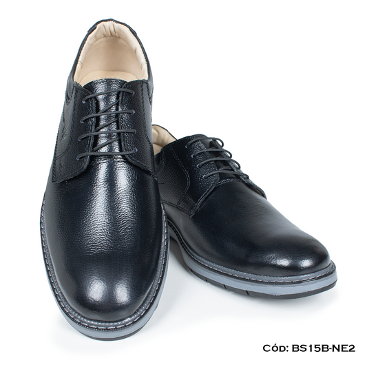 (BS15B-NE2) Derby Casual Cuero Lustrable Negro Suela Caucho — Horma Exacta