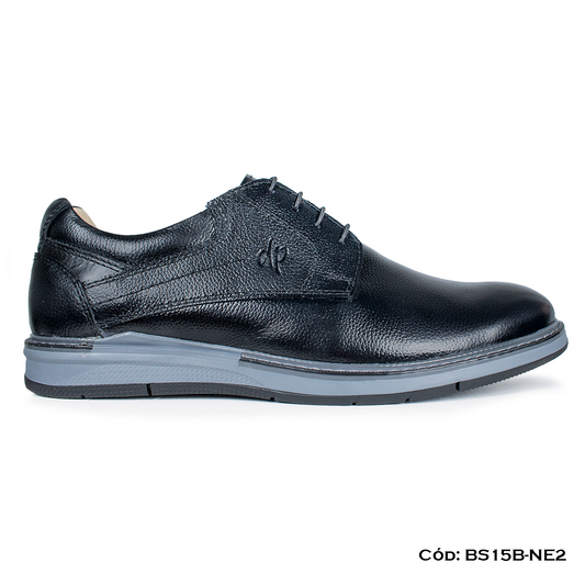(BS15B-NE2) Derby Casual Cuero Lustrable Negro Suela Caucho — Horma Exacta
