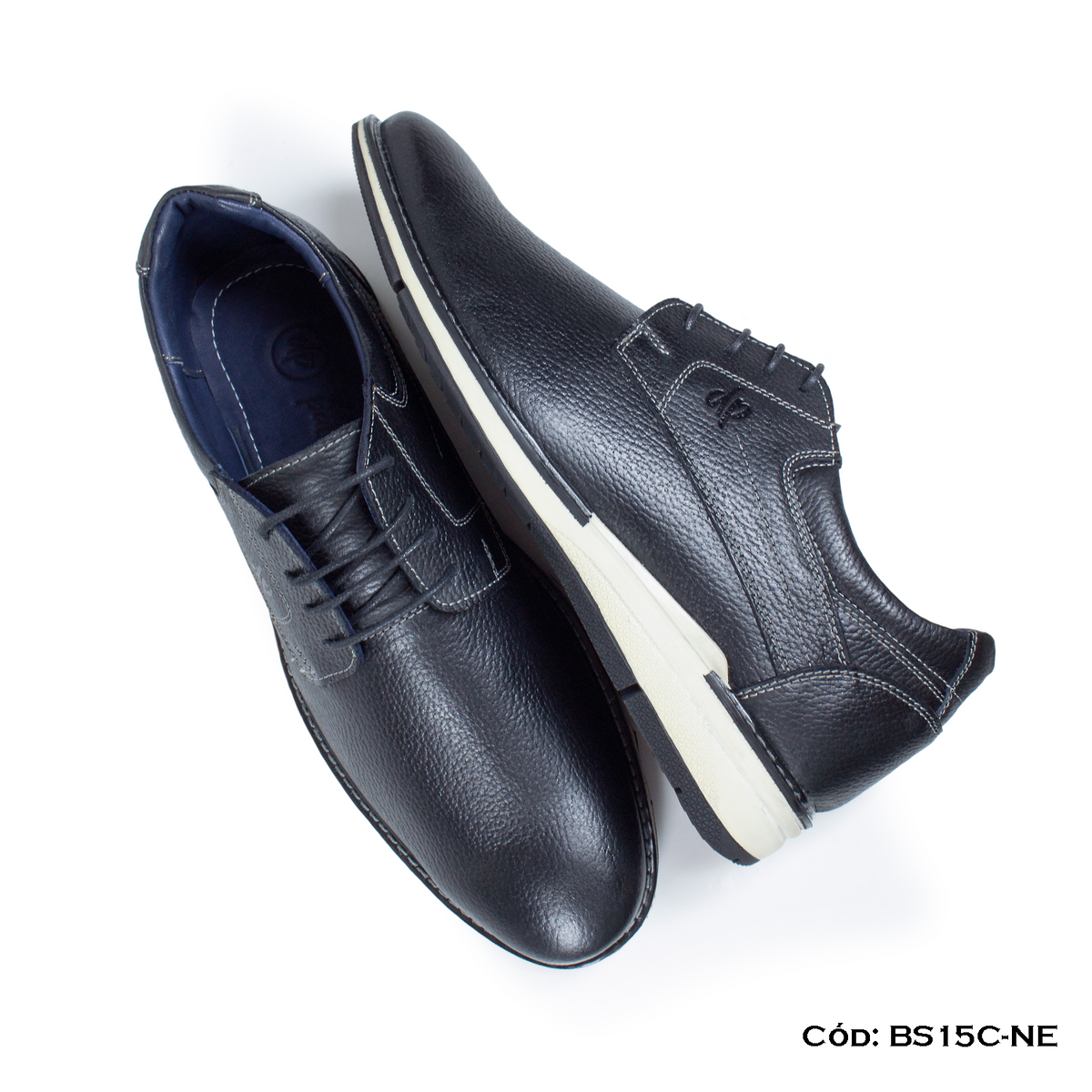 (BS15C-NE) Derby Casual Cuero Lustrable Negro Suela Caucho Horma Exacta | de patas