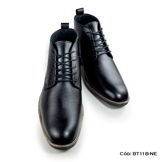 Botín Casual Elegante Cuero Natural Negro Suela Caucho Taco Partido — Horma Grande (BT11B-NE)