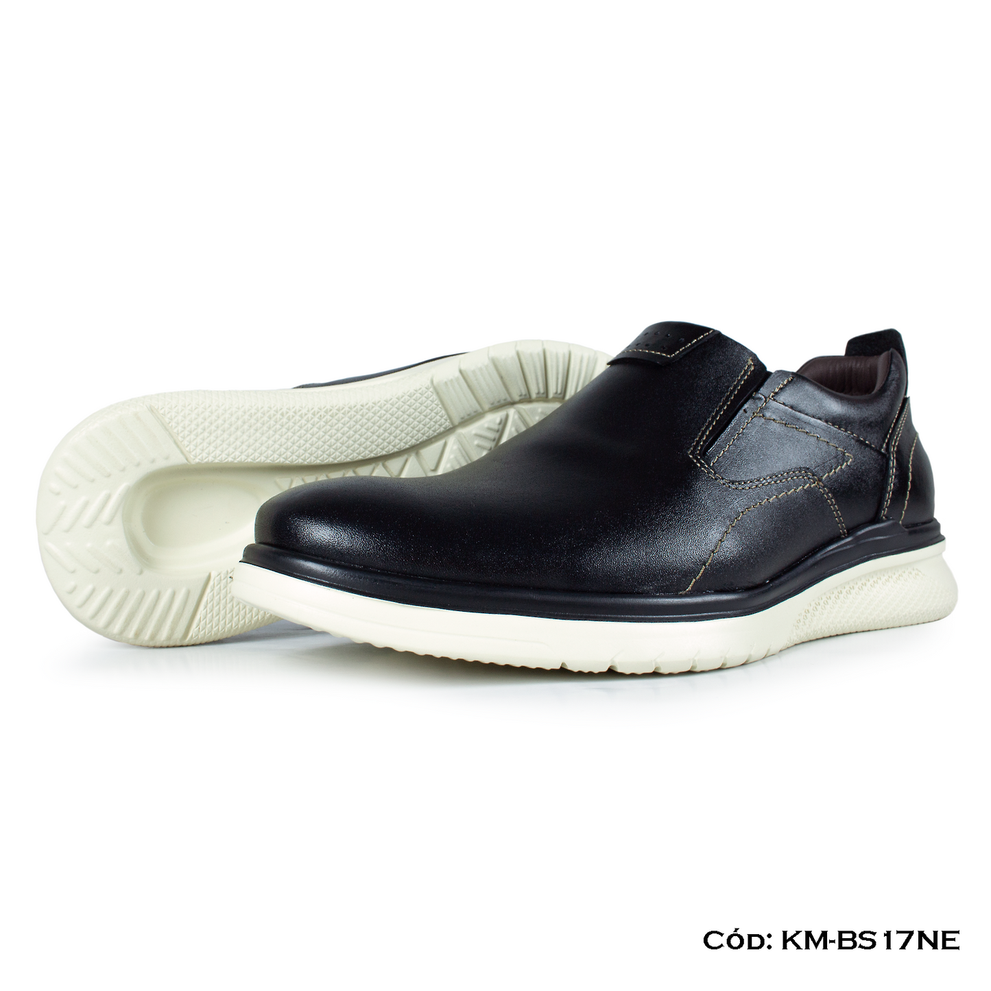 Mocasín Casual Cuero Lustrable Negro Suela Eva — Horma Exacta (KM-BS17NE)