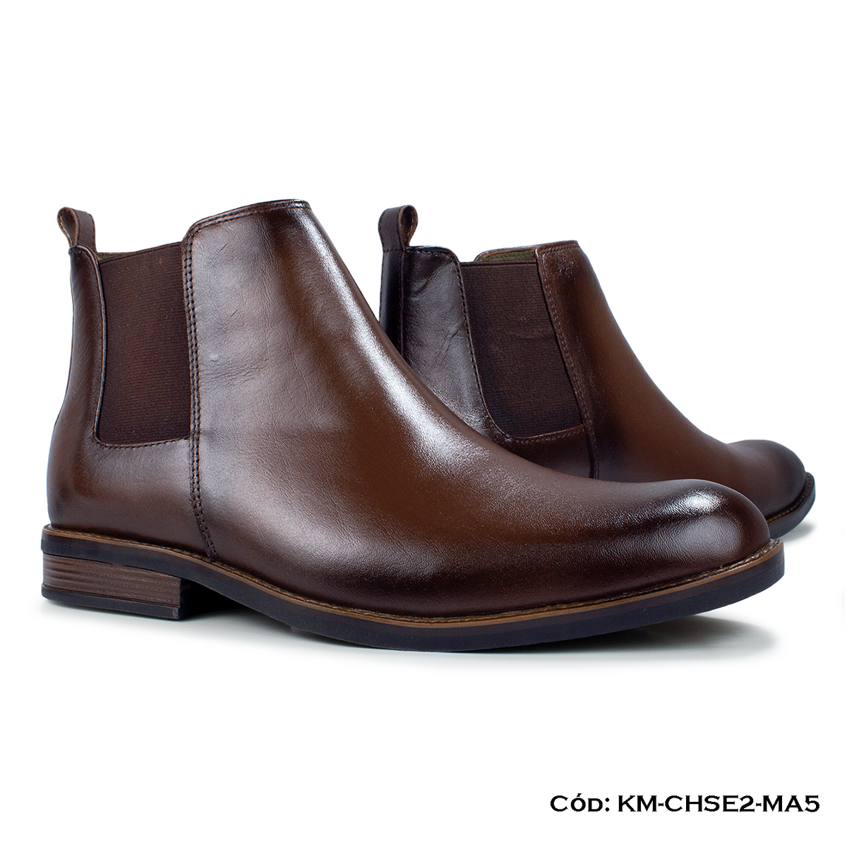 (KM-CHSE2-MA5) Botín Chelsea Cuero Lustrable Marrón para hombre - Suela Caucho Taco Partido — Horma Grande