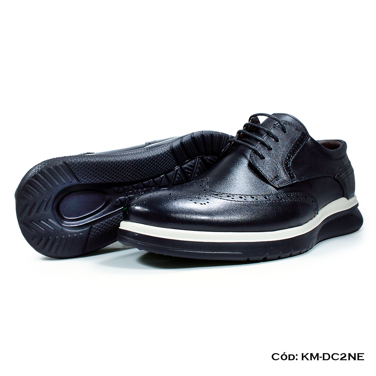 Derby Casual Cuero Lustrable Negro Suela Eva c/Brogue — Horma Grande (KM-DC2NE)
