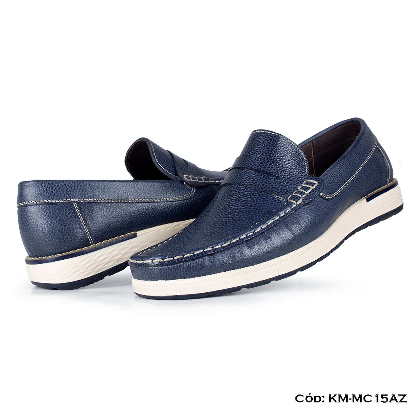 PREMIUM — Mocasín Casual Cuero Lustrable Azul Suela Caucho — Horma Exacta (KM-MC15AZ)