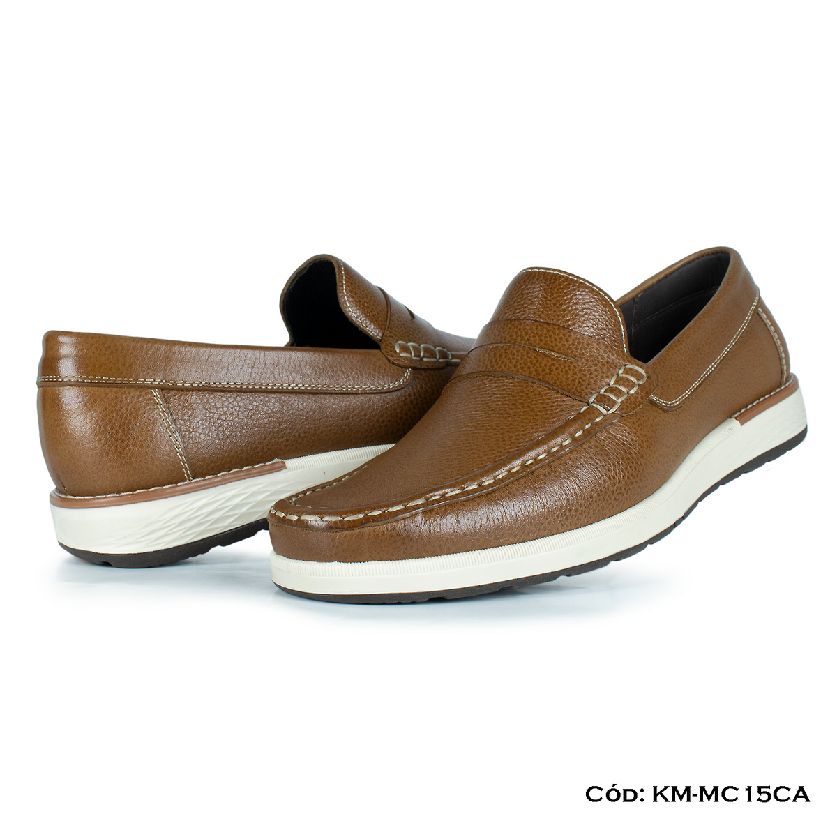 (KM-MC15CA) PREMIUM — Mocasín Casual Cuero Lustrable Camel Suela Caucho — Horma Exacta