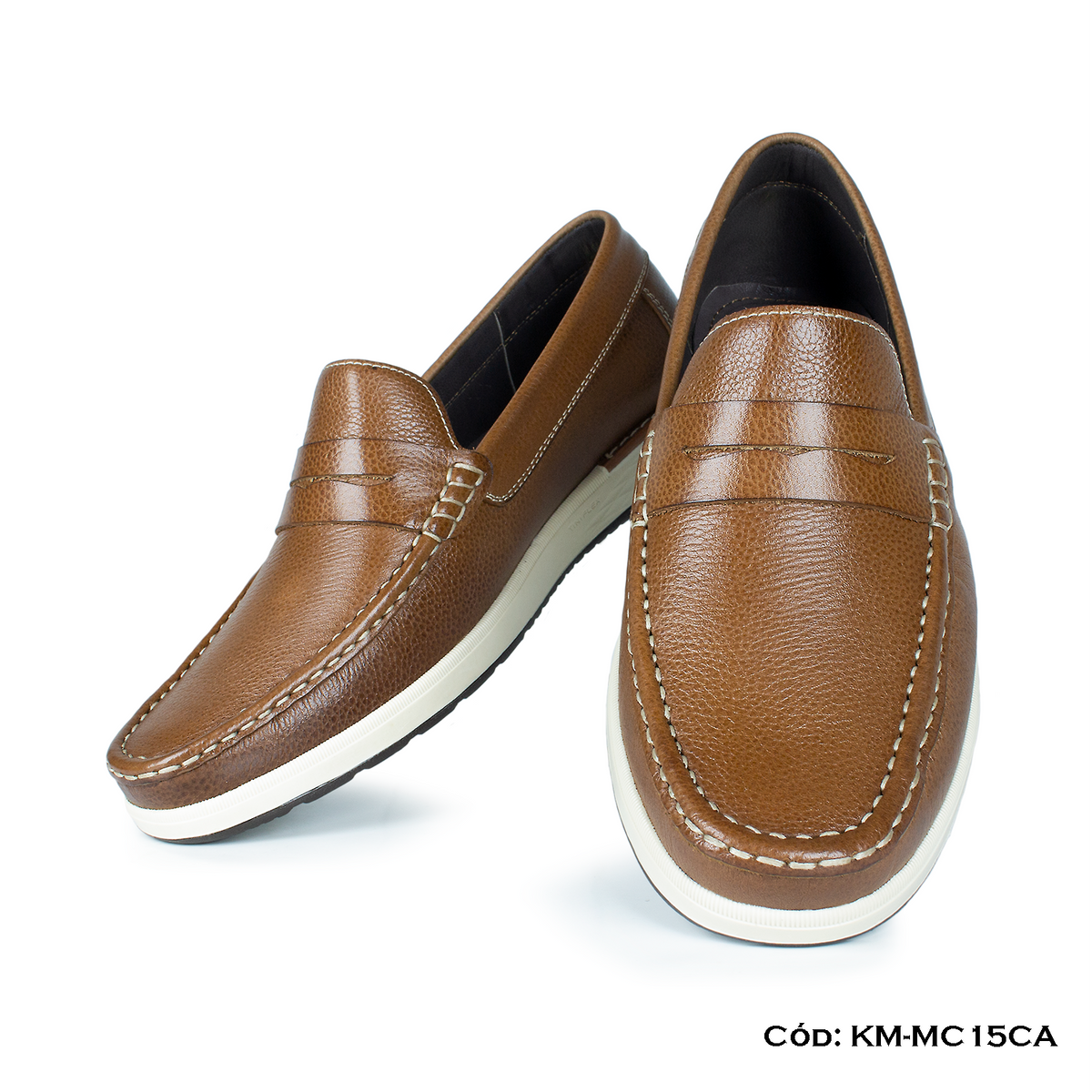 (KM-MC15CA) PREMIUM — Mocasín Casual Cuero Lustrable Camel Suela Caucho — Horma Exacta
