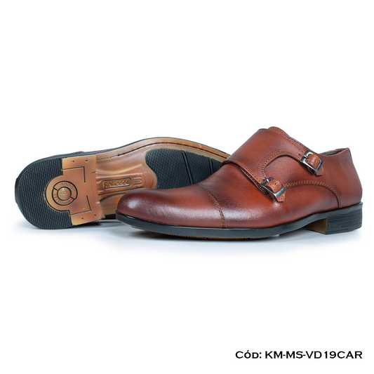 (KM-MS-VD19CAR) Monkstrap de vestir cuero Lustrable Caramelo Suela Caucho bicolor — Horma Exacta
