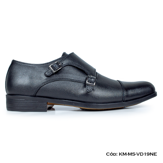 (KM-MS-VD19NE) Monkstrap de vestir cuero Lustrable Negro Suela Caucho bicolor — Horma Exacta
