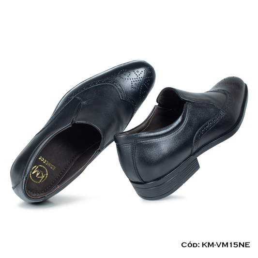 Mocasín de vestir Cuero Lustrable Negro Suela Caucho — Horma Exacta (KM-VM15NE)