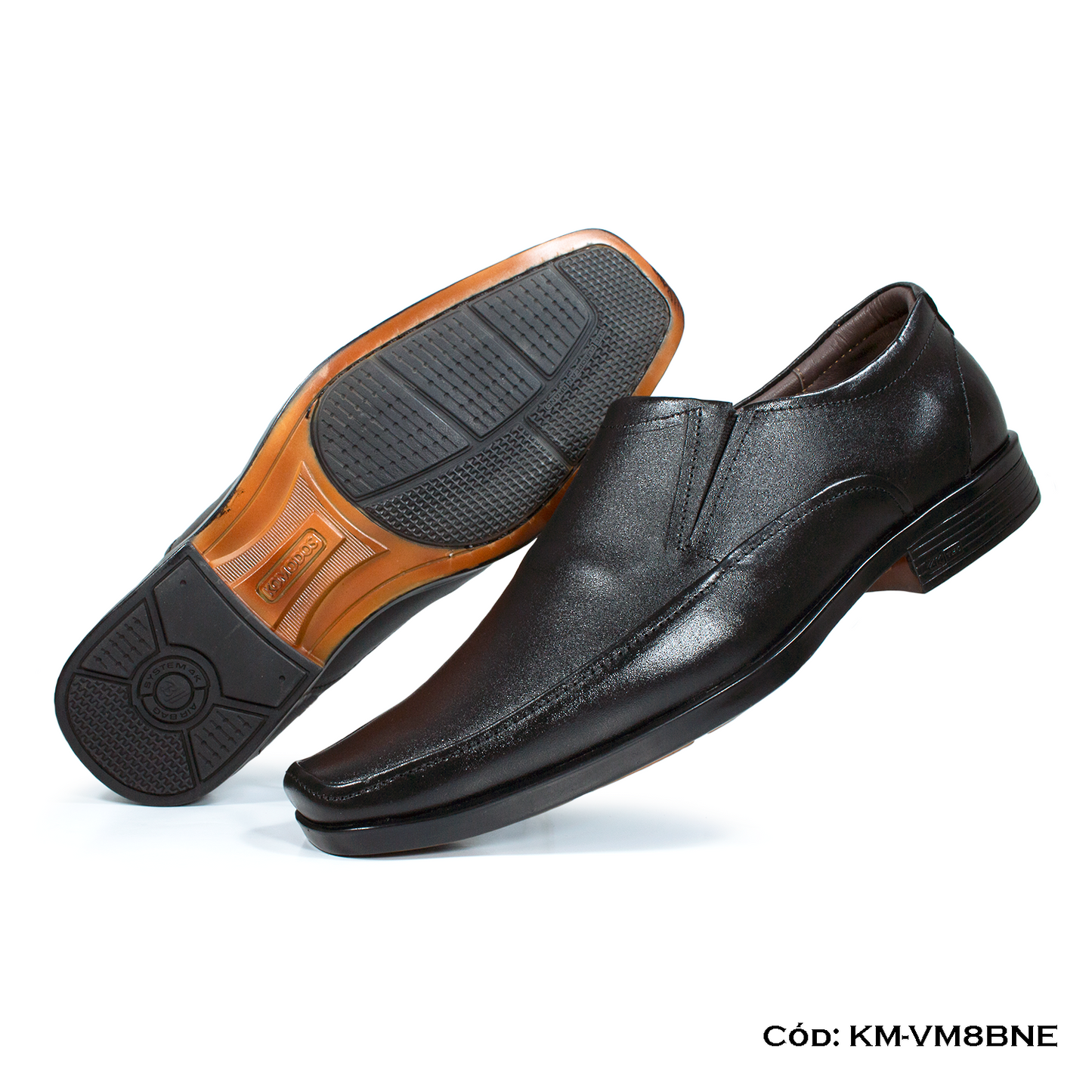 Mocasín Cuero Lustrable Negro Suela Caucho Bicolor — Horma Grande (KM-VM8BNE)