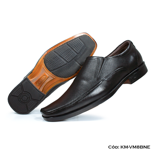 Mocasín Cuero Lustrable Negro Suela Caucho Bicolor — Horma Grande (KM-VM8BNE)