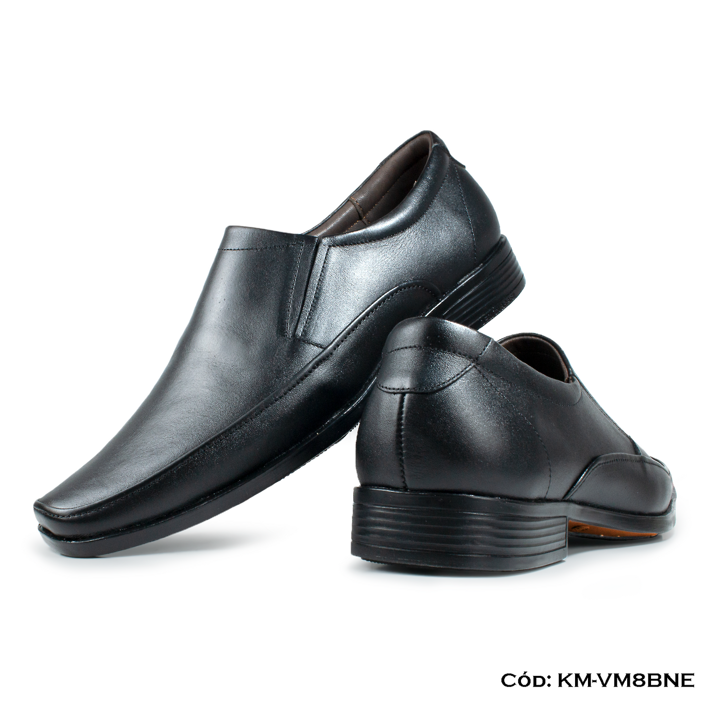 Mocasín Cuero Lustrable Negro Suela Caucho Bicolor — Horma Grande (KM-VM8BNE)