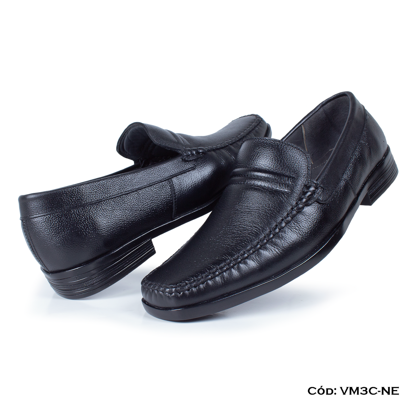 Mocasín Cuero Lustrable Negro Suela Caucho — Horma Exacta (VM3C-NE)