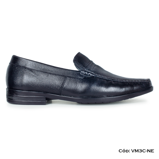 Mocasín Cuero Lustrable Negro Suela Caucho — Horma Exacta (VM3C-NE)