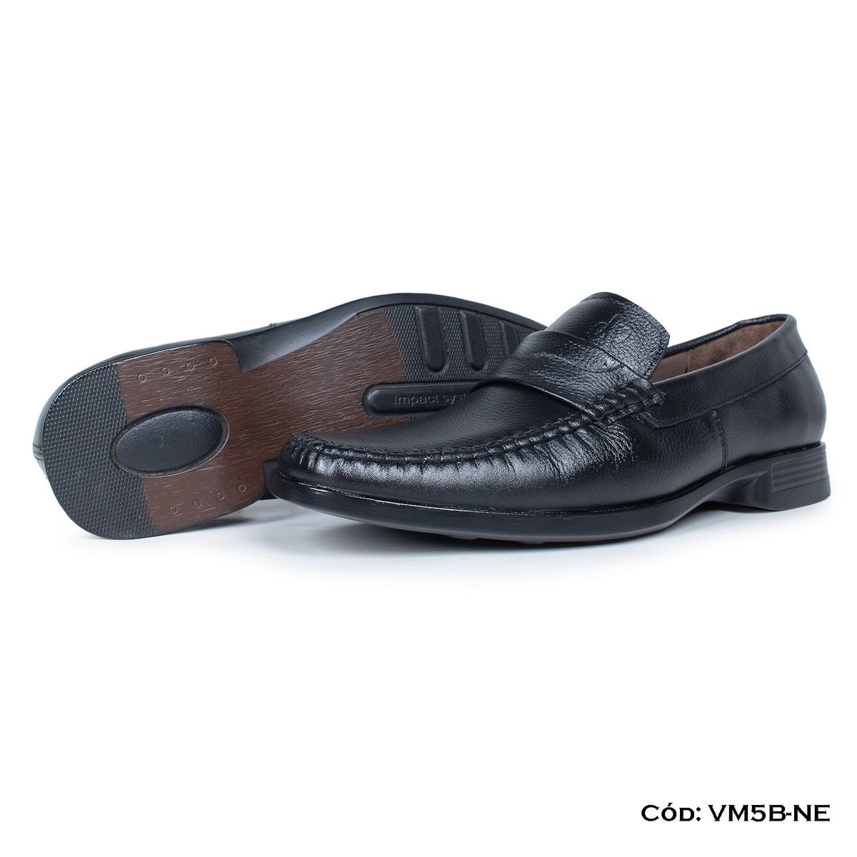 (VM5B-NE) Mocasín Cuero Lustrable Negro Suela PU / Caucho — Horma Exacta | De Patas
